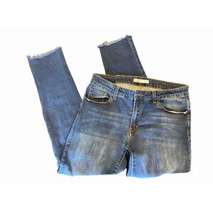 low-mid rise slim stretch denim jeans raw hem size 15 (31") distressed dark wash